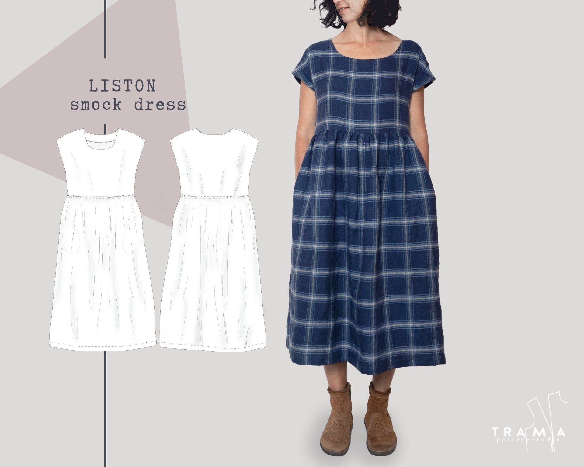 pattern for smock dress LISTON A gathered neckline Color:Black Chantilly DROP1S26 Our Brand Light Caesar